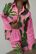 Casual Floral Pocket Turndown Collar Long Sleeve Two Pieces