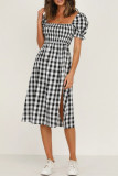 Sweet Elegant Plaid Print Slit Square Collar A Line Short Sleeve Dress
