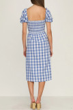 Sweet Elegant Plaid Print Slit Square Collar A Line Short Sleeve Dress