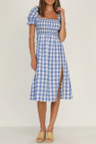 Sweet Elegant Plaid Print Slit Square Collar A Line Short Sleeve Dress