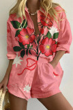 Casual Floral Pocket Turndown Collar Long Sleeve Two Pieces