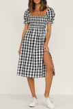 Sweet Elegant Plaid Print Slit Square Collar A Line Short Sleeve Dress