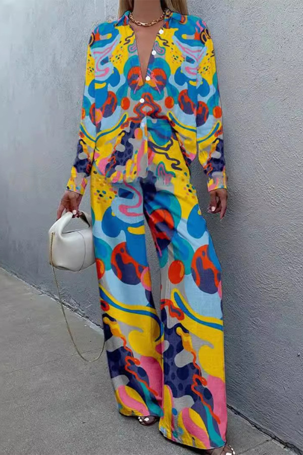 Casual Geometric Not Positioning Printed Buttons Turndown Collar Long Sleeve Two Pieces