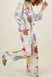 Casual Print Graffiti Patchwork Turndown Collar Long Sleeve Two Pieces