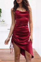Sexy Solid Draw String Backless Asymmetrical U Neck Irregular Dresses