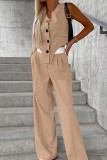 Casual British Style Solid Buttons Fold Asymmetrical V Neck Sleeveless Two Pieces