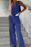Casual British Style Solid Buttons Fold Asymmetrical V Neck Sleeveless Two Pieces
