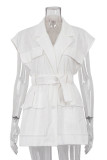 Casual Solid Bandage Pocket Buttons Turn-back Collar Tops