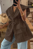 Casual Solid Bandage Pocket Buttons Turn-back Collar Tops