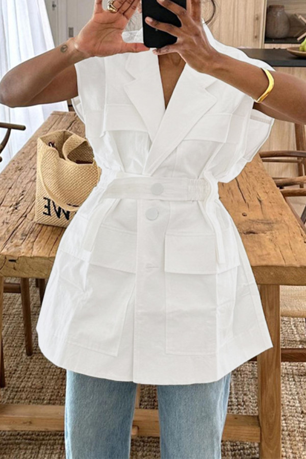 Casual Solid Bandage Pocket Buttons Turn-back Collar Tops