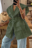 Casual Solid Bandage Pocket Buttons Turn-back Collar Tops