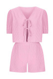 Casual Plaid Bandage Pocket U Neck Short Sleeve Two Pieces