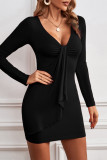 Sexy Solid Flounce Fold V Neck Wrapped Skirt Dresses