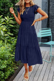 Elegant Solid Fold O Neck A Line Short Sleeve Dress