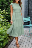 Elegant Solid Fold O Neck A Line Short Sleeve Dress