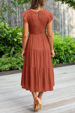 Elegant Solid Fold O Neck A Line Short Sleeve Dress