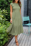 Elegant Solid Fold O Neck A Line Short Sleeve Dress