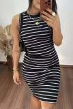 Casual Striped Patchwork O Neck Wrapped Skirt Dresses