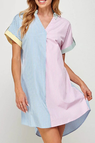 Casual Sweet Striped Print Contrast V Neck Short Sleeve Short Sleeve Dress