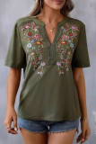 Casual Flowers Embroidered V Neck T-Shirts