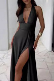 Sexy Solid Backless Slit Halter Sleeveless Dresses