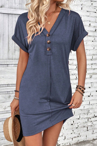 Casual Simplicity Solid Buttons Fold V Neck Short Sleeve Short Sleeve Dress