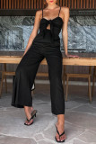 Casual Solid Pocket V Neck Loose Jumpsuits