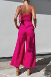 Casual Solid Pocket V Neck Loose Jumpsuits