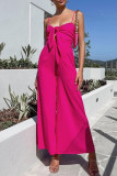 Casual Solid Pocket V Neck Loose Jumpsuits