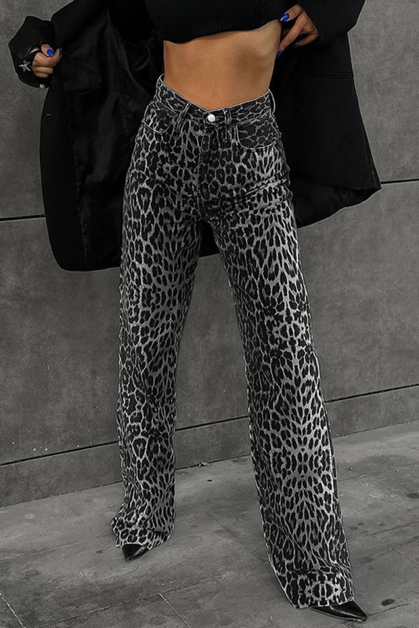 Casual Vintage Leopard Pocket Contrast Loose High Waist Straight Full Print Bottoms