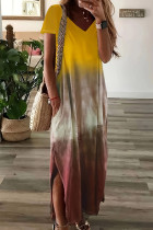 Casual Street Gradient Print Pocket Contrast V Neck Short Sleeve Short Sleeve Dress