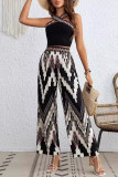 Casual Vintage Color Lump Print Contrast Halter Sleeveless Two Pieces