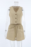 Casual Daily Solid Pocket Buttons V Neck Sleeveless Two Pieces