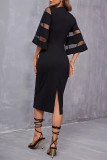 Daily Solid Color See-through O Neck Wrapped Skirt Dresses