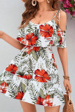Boho Floral Print Lace Up Ruffle Hem U Neck Dresses