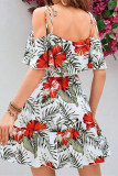 Boho Floral Print Lace Up Ruffle Hem U Neck Dresses