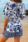 Casual Floral Print Bandage V Neck Loose Rompers