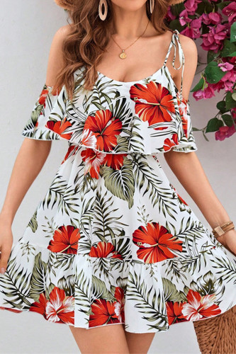 Boho Floral Print Lace Up Ruffle Hem U Neck Dresses