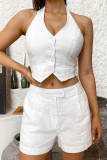 Street Daily Solid Color Buttons Backless Halter Sleeveless Two Pieces