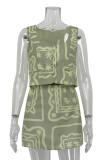 Casual Geometric Print Buttons U Neck Sleeveless Two Pieces