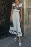 Casual Vacation Geometric Print Ruffle Square Neck Two Pieces