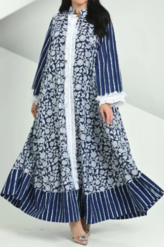 Casual Striped Print Flowers Patchwork Tassel Mandarin Collar Long Sleeve Dresses