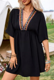 Casual Vacation Solid Color Weave V Neck A Line Short Sleeve Dress