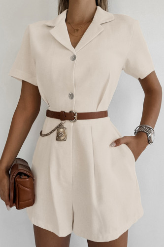 Casual Daily Solid Color Pocket Buttons Turndown Collar Loose Rompers(No Belt)
