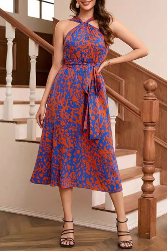 Vacation Geometric Print Lace Up Contrast Halter Sleeveless Dresses