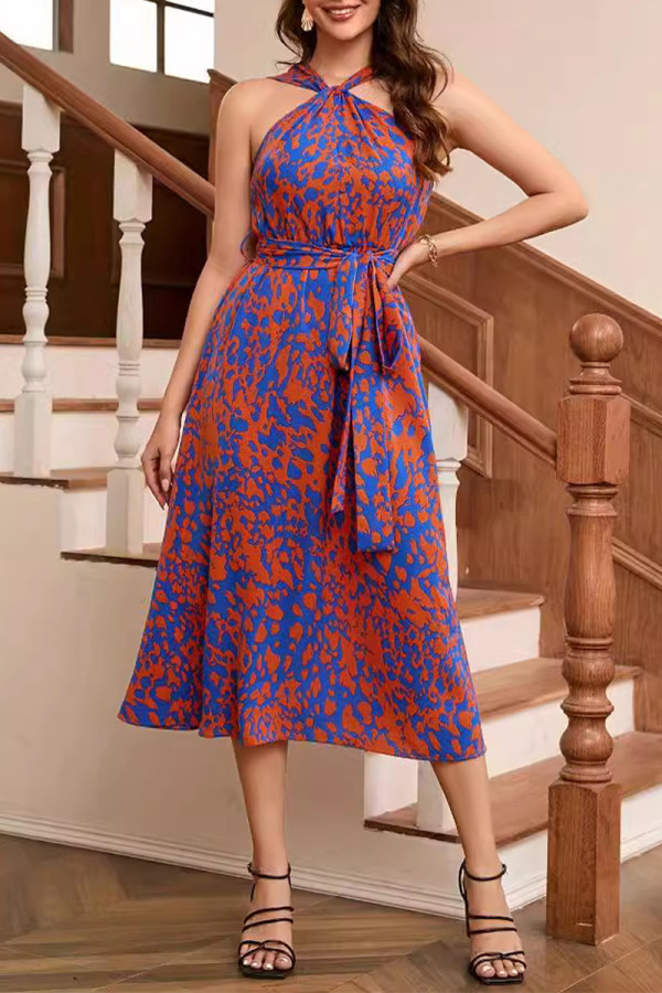 Vacation Geometric Print Lace Up Contrast Halter Sleeveless Dresses