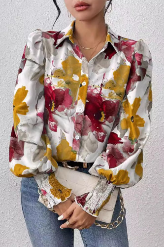 Daily Floral Print Buttons Turndown Collar Tops