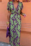 Sexy Floral Print Lace Up Ruched V Neck A Line Dresses