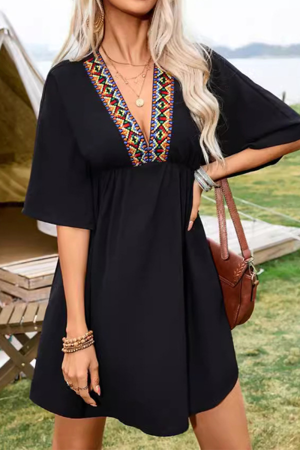 Casual Vacation Solid Color Weave V Neck A Line Short Sleeve Dress