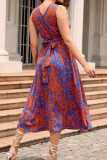 Vacation Geometric Print Lace Up Contrast Halter Sleeveless Dresses